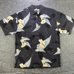 Tommy Bahama Polo Shirt Mens Medium Gray Silk Hawaiian Floral Aloha Tropical
